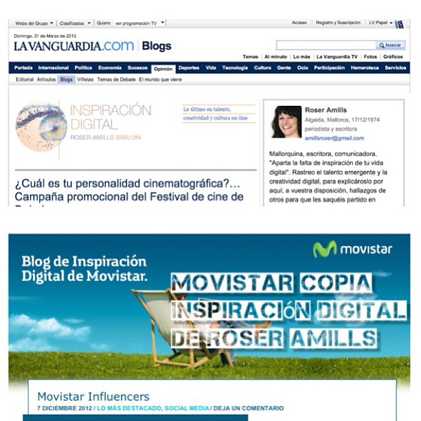 Captura del blog de Roser Amills en La Vanguardia junto a un anuncio de Movistar con el lema «Movistar copia Inspiración Digital de Roser Amills»