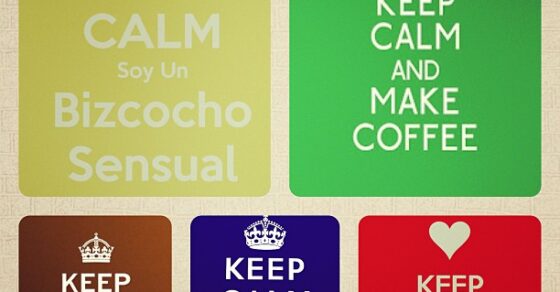 Cinco carteles «Keep calm» con lemas humorísticos sobre bizcochos, café, chocolate, Kate Middleton y gluten