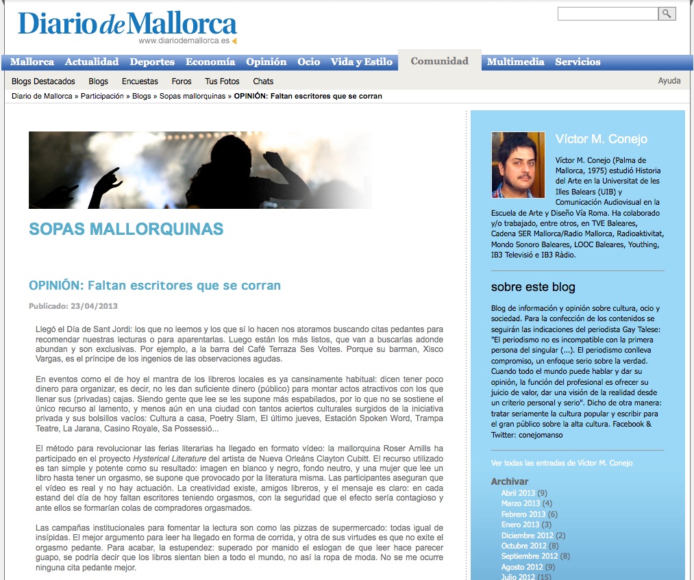Diario de Mallorca | Víctor M. Conejo: «Faltan escritores que se corran» (23-4-2013)