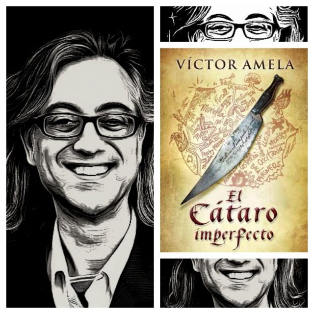Retrato ilustrado de Víctor Amela junto a la cubierta de su novela El cátaro imperfecto, con el puñal de filo curvo