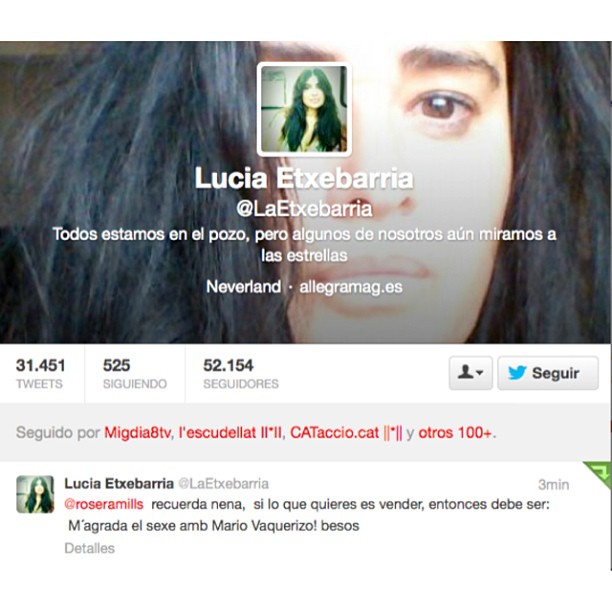 Captura de un tuit de Lucía Etxebarría sobre la idea de ir con Mario Vaquerizo