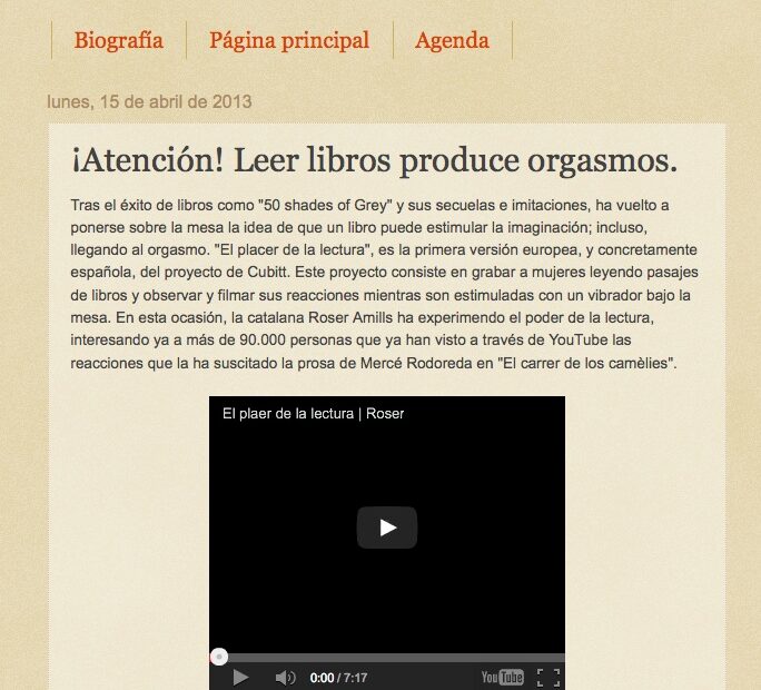 Captura del blog La Medicina Educativa con el artículo «¡Atención! Leer libros produce orgasmos» y el vídeo El plaer de la lectura