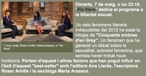 Anuncio del programa Via Llibre de TV3 con Ana Liarás, Roser Amills y Marta Arasanz