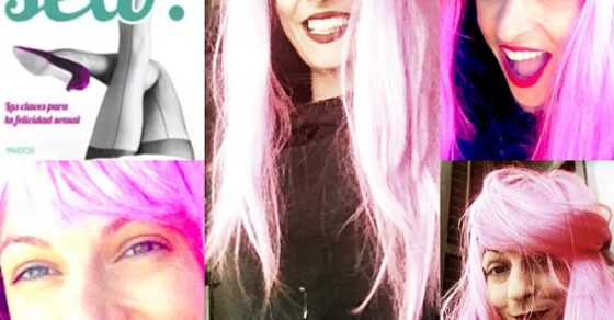 Collage de Roser Amills con pelucas rosas y la portada de ¡Me gusta el sexo!
