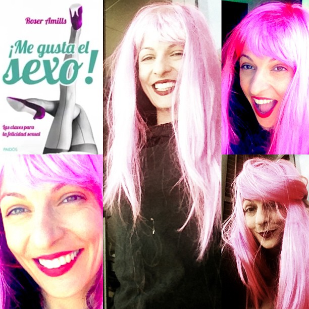 Collage de Roser Amills con pelucas rosas y la portada de ¡Me gusta el sexo!