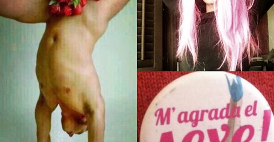 Collage con un hombre haciendo el pino con ramo de rosas, Roser Amills con peluca rosa y la chapa de M'agrada el sexe!
