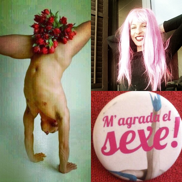 Collage con un hombre haciendo el pino con ramo de rosas, Roser Amills con peluca rosa y la chapa de M'agrada el sexe!