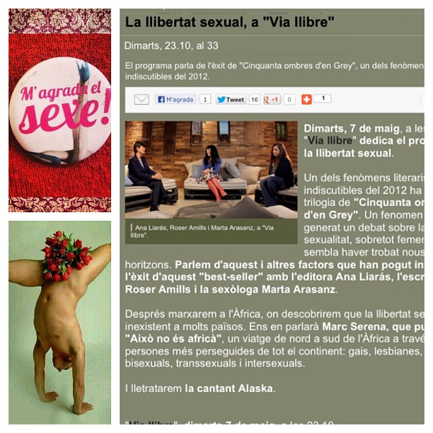 Xapa de M'agrada el sexe! i la web de Via Llibre de TV3 amb l'entrevista a Roser Amills