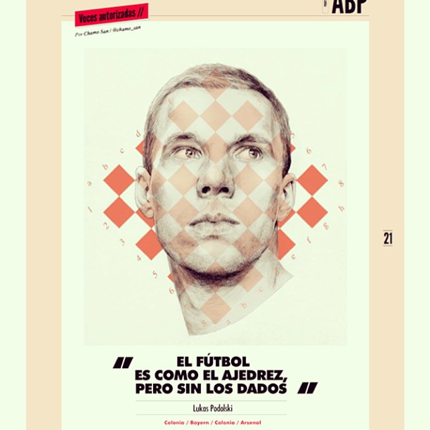 Ilustración de Lukas Podolski con la frase «El fútbol es como el ajedrez, pero sin los dados»