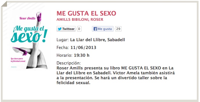 Cartel de la presentació de M'agrada el sexe! de Roser Amills a Sabadell, 11 de juny de 2013