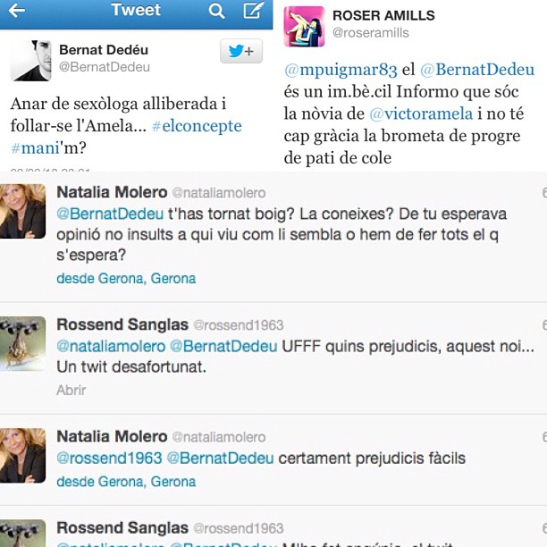 Captura de tuits de Bernat Dedéu, Roser Amills, Natalia Molero y Rossend Sanglas