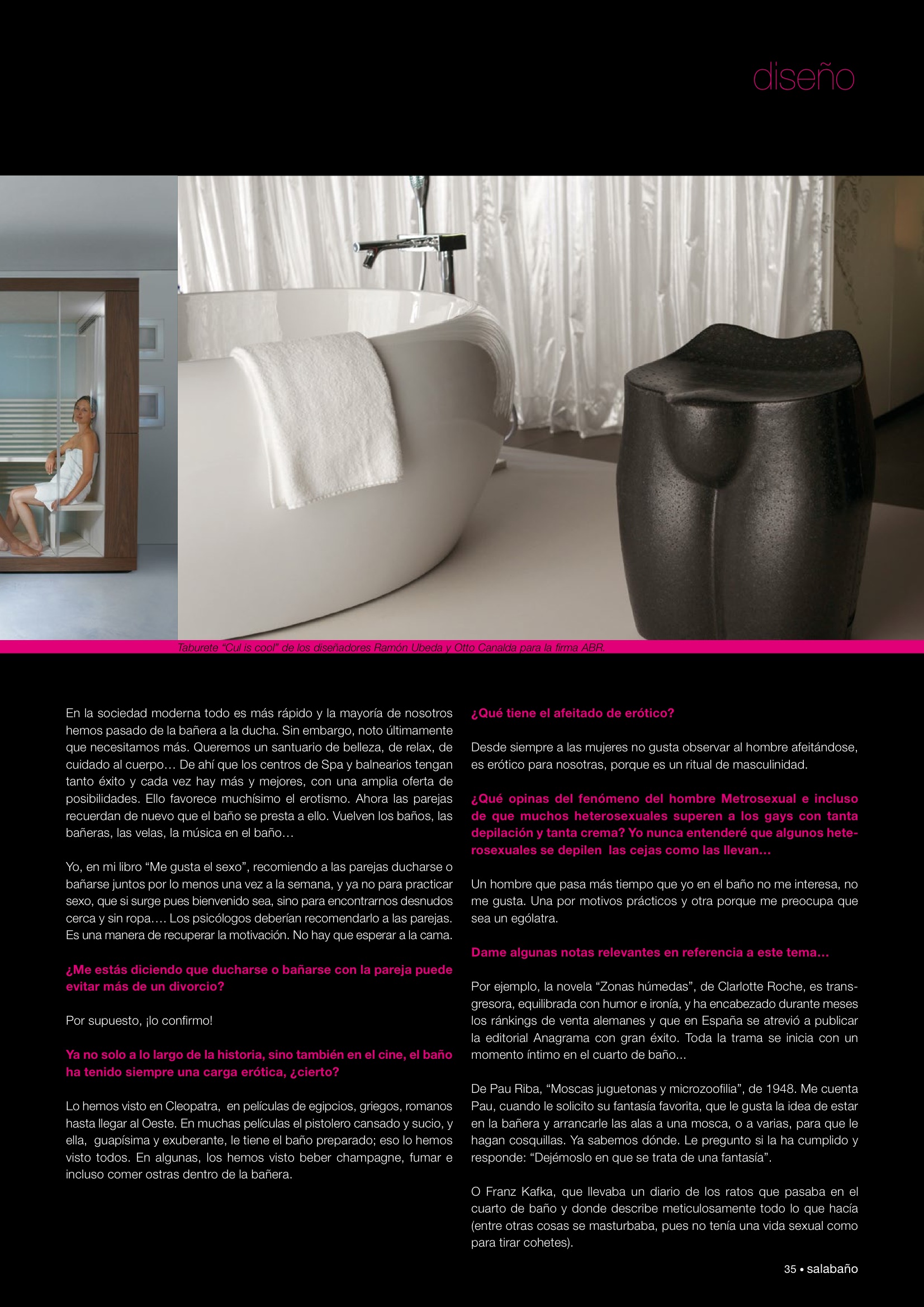 Página 35 de la revista Sala Baño con una bañera, una sauna y un taburete de diseño