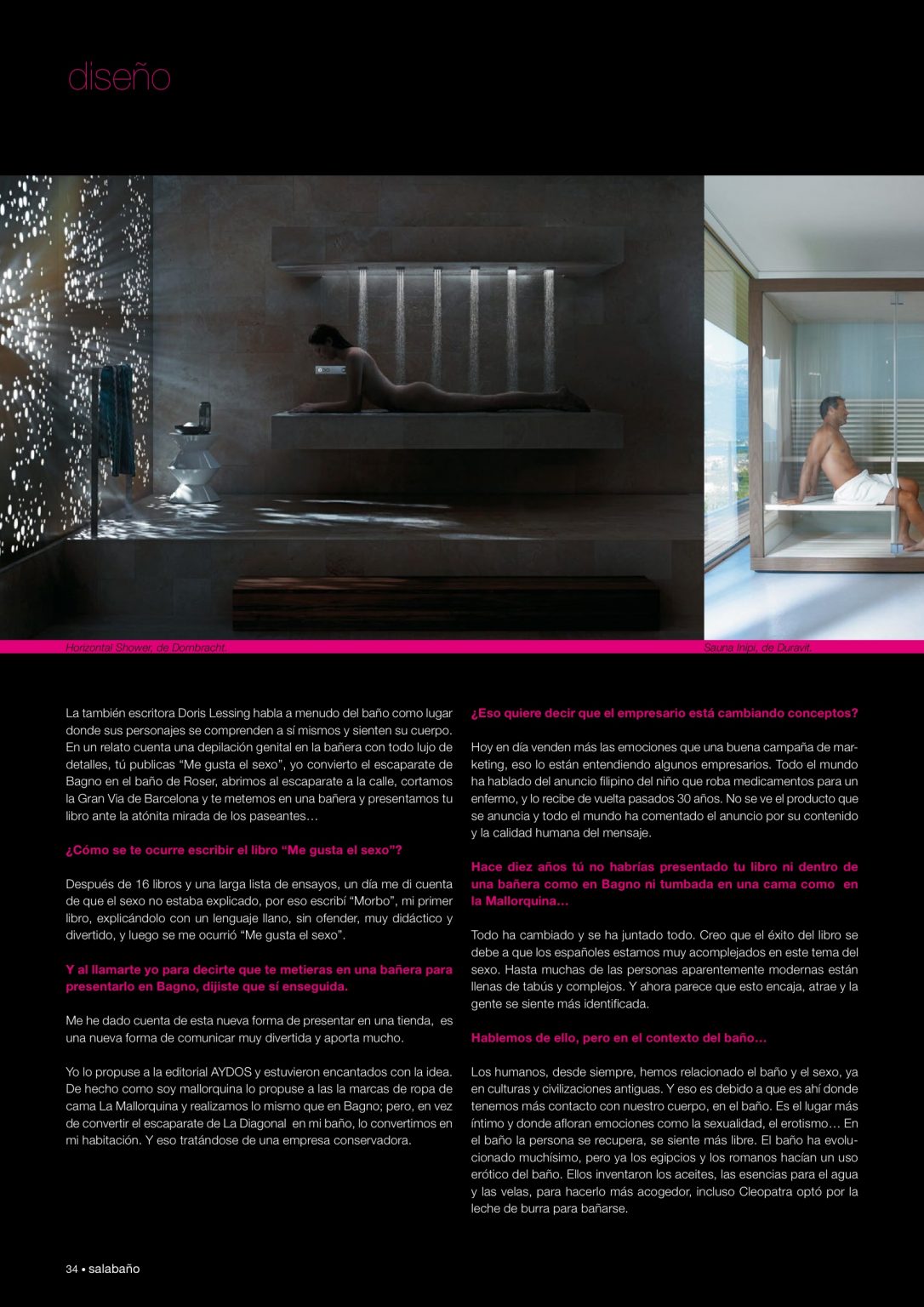 Página 34 de la revista Sala Baño con la entrevista a Roser Amills y fotos de una ducha horizontal y una sauna