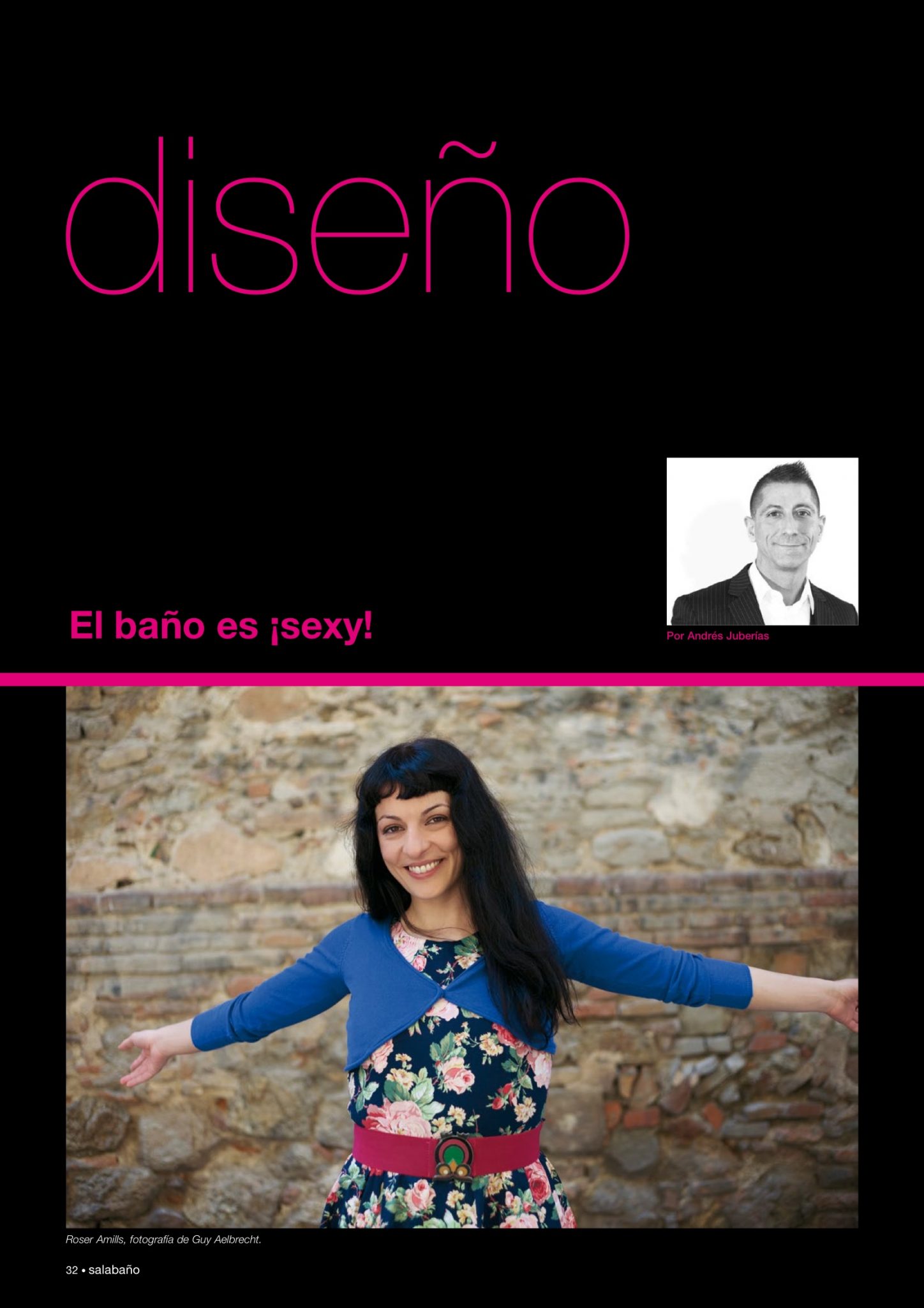 Página 32 de la revista Sala Baño con el titular «El baño es ¡sexy!» de Andrés Juberías y una foto de Roser Amills