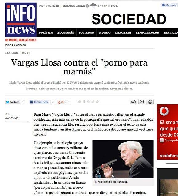 Recorte de INFOnews (Argentina), 7 de agosto de 2012: «Vargas Llosa contra el ‘porno para mamás’», con una foto de Mario Vargas Llosa