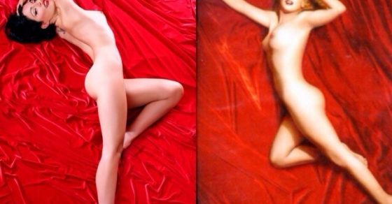 Felicitación «Feliz Navidad y feliz 2014»: Roser Amills y Marilyn Monroe en la misma pose sobre terciopelo rojo