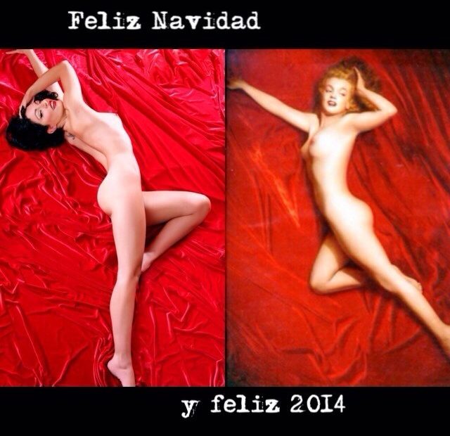 Felicitación «Feliz Navidad y feliz 2014»: Roser Amills y Marilyn Monroe en la misma pose sobre terciopelo rojo