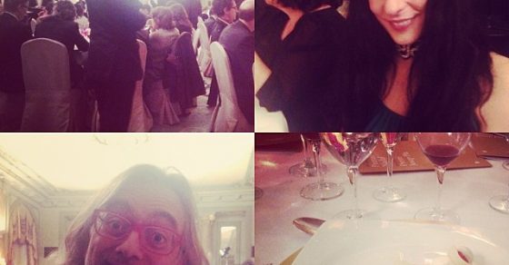 Collage de la cena del Premio Nadal 2014 con Roser Amills, Víctor Amela y el postre