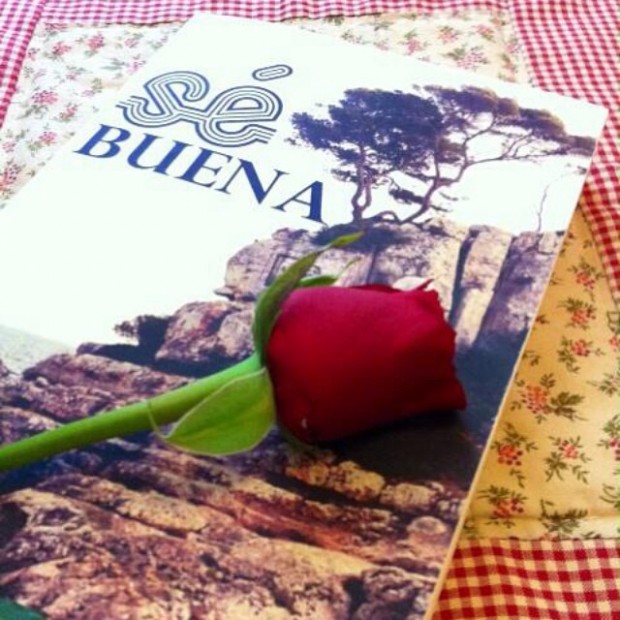 Ejemplar de Sé buena de Roser Amills con una rosa roja sobre un mantel de cuadros