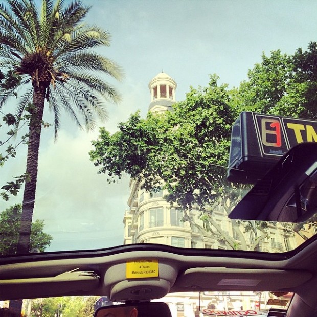 Palmera y edificio vistos a través del techo de cristal de un taxi