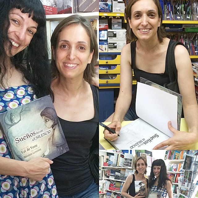 Collage de tres fotos en una librería: Roser Amills sonríe junto a una mujer que sostiene el libro Sueños desde el silencio, de Yol de Yeste; la mujer firma un ejemplar tras un mostrador