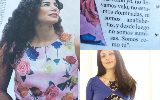 Collage amb retrats d'una poeta siriana i una cita sobre les dones que no porten vel