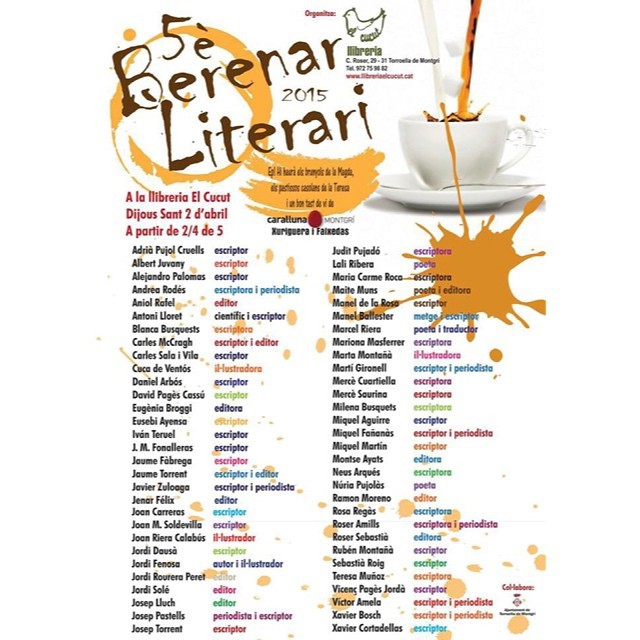 Cartel del 5è Berenar Literari de la Llibreria El Cucut, jueves 2 de abril de 2015, con la lista de autores
