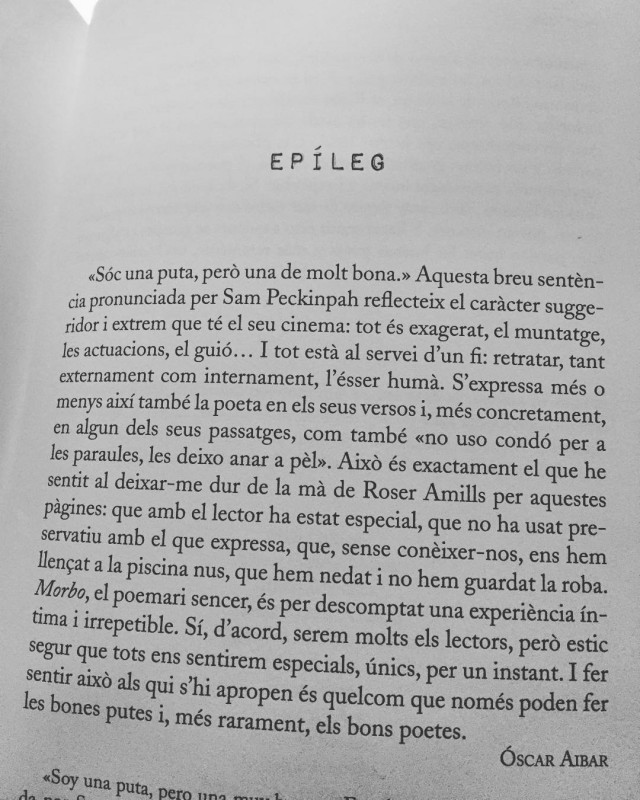 Página del epílogo de Óscar Aibar en el poemario Morbo de Roser Amills, en catalán