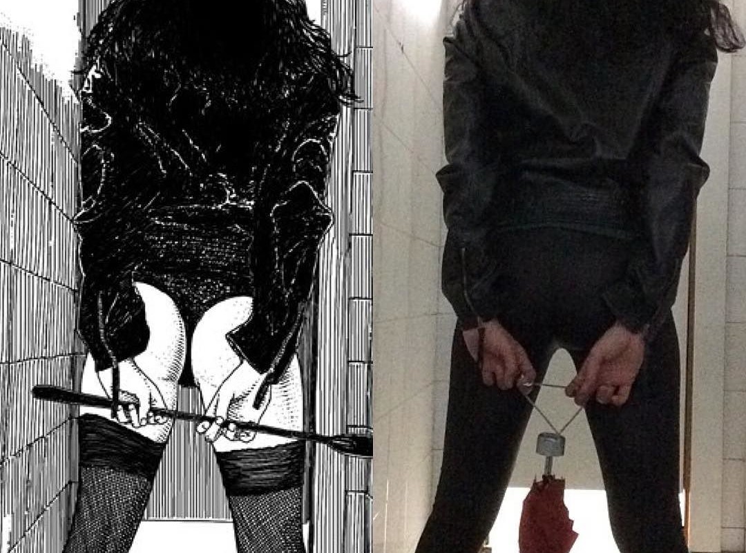 Ilustración en blanco y negro de Apollonia Saintclair junto a la foto de Roser Amills que le sirvió de modelo