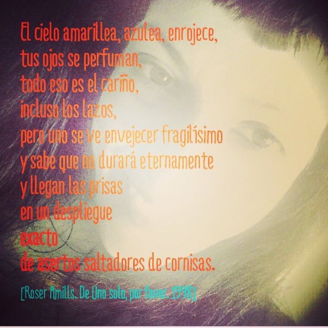 Poema de Roser Amills en letras naranjas sobre una fotografía de su rostro: «El cielo amarillea, azulea, enrojece, tus ojos se perfuman, todo eso es el cariño…», de Uno solo, por favor