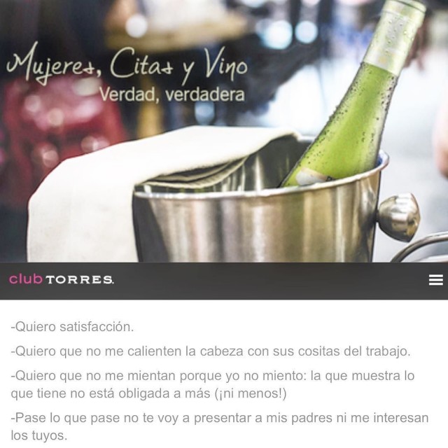 Cabecera de la columna Mujeres, citas y vino en el blog Club Torres, con una botella de vino en una cubitera
