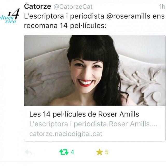 Tuit de Catorze con la recomendación de las 14 pel·lícules de Roser Amills