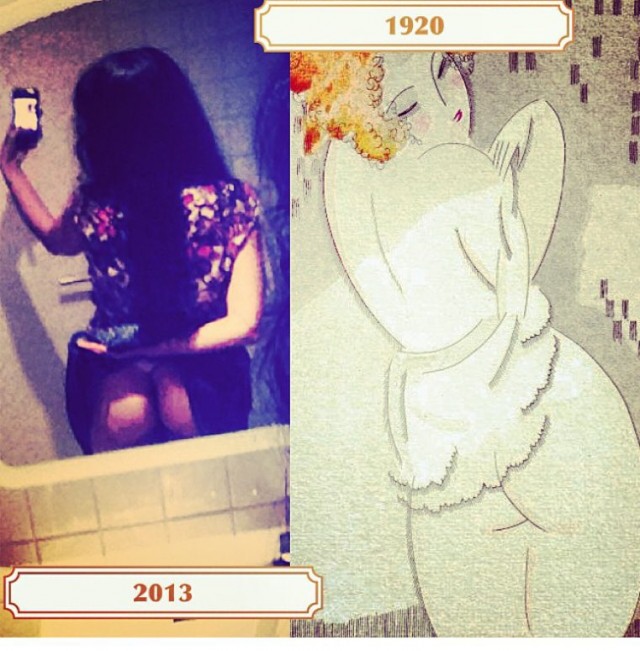 Dos imágenes enfrentadas: a la izquierda, un autorretrato de Roser Amills en un lavabo (2013); a la derecha, una ilustración art déco de una mujer de espaldas (1920)