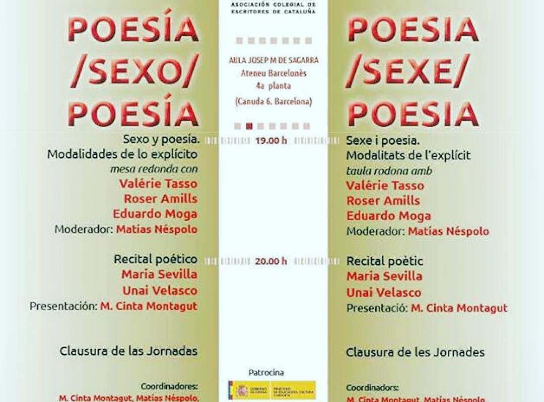 Cartel bilingüe de la mesa redonda «Poesía, sexo, poesía» de la ACEC con Valérie Tasso, Roser Amills y Eduardo Moga
