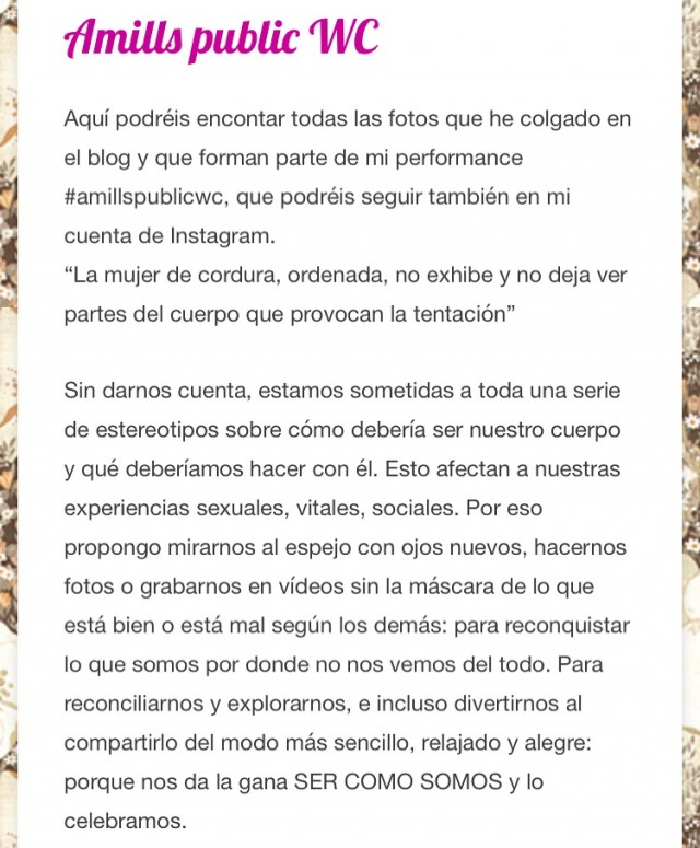 Captura del texto «Amills public WC»: todas las fotos de la performance de Roser Amills, que invita a mirarse al espejo con ojos nuevos, sin la máscara de lo que está bien o mal según los demás