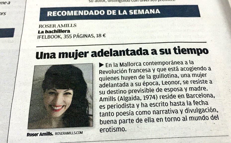 Recorte de Diario de Mallorca, sección Recomendado de la semana: Una mujer adelantada a su tiempo, sobre La bachillera de Roser Amills