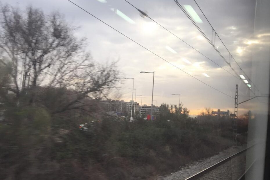 Vista desde la ventanilla de un tren: vías, árboles sin hojas y cielo del amanecer