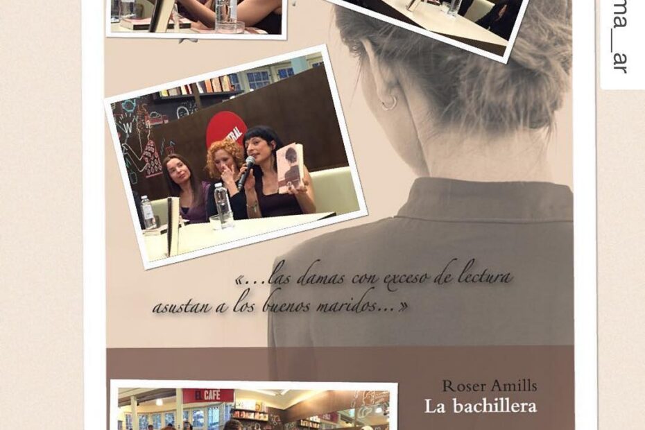 Collage de cuatro fotos de la presentación de La bachillera en La Central sobre la portada de la novela, compartido por alma_ar