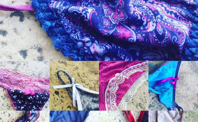 Collage de bragas usadas de distintos colores y estampados, una de ellas azul con encaje morado