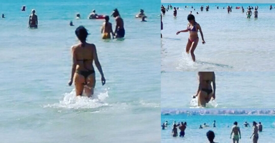 Roser Amills en la playa con bikini de la marca Santa Braguita