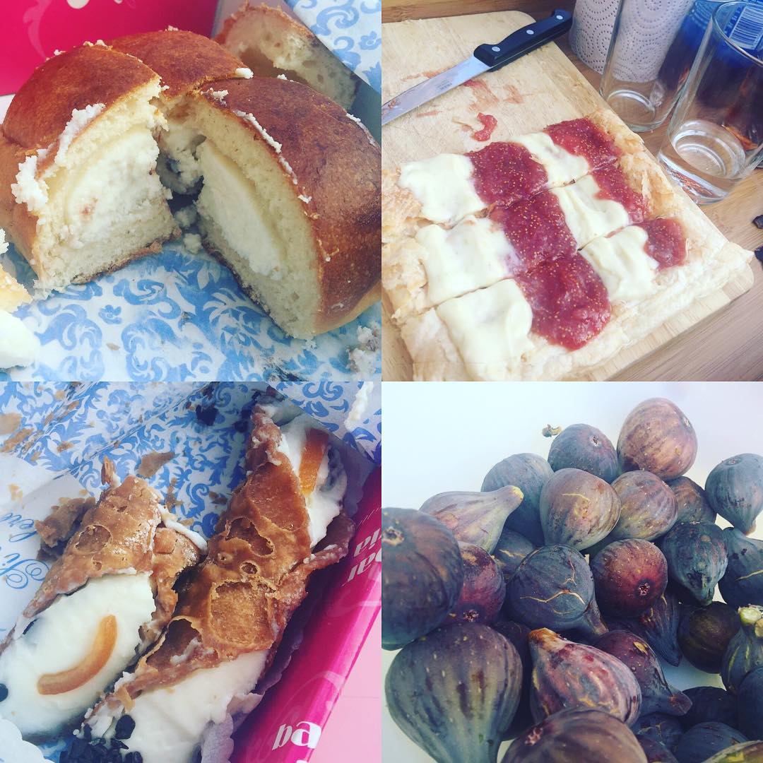 Iris al forno, cannoli y cassatedda y hojaldre de mermelada de higos y mascarpone con lima rallada  