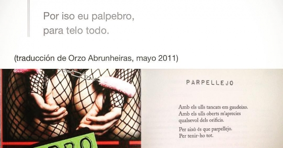 Cos ollos pechados o que gosto.Cos ollos abertos quéresmetódolos buratos.Por iso eu palpebro,para telo todo.(traducción de Orzo Abrunheiras, mayo 2011) - Roser Amills, escritora mallorquina
