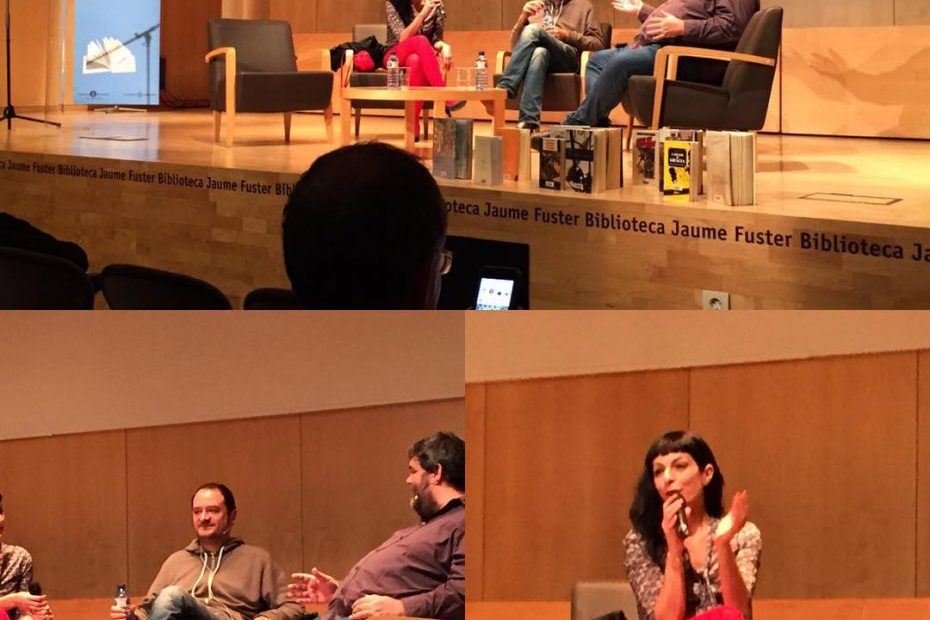 roser amills amb francesc miralles, sebastia bennassar, a gracia llegeix biblioteca jaume fuster