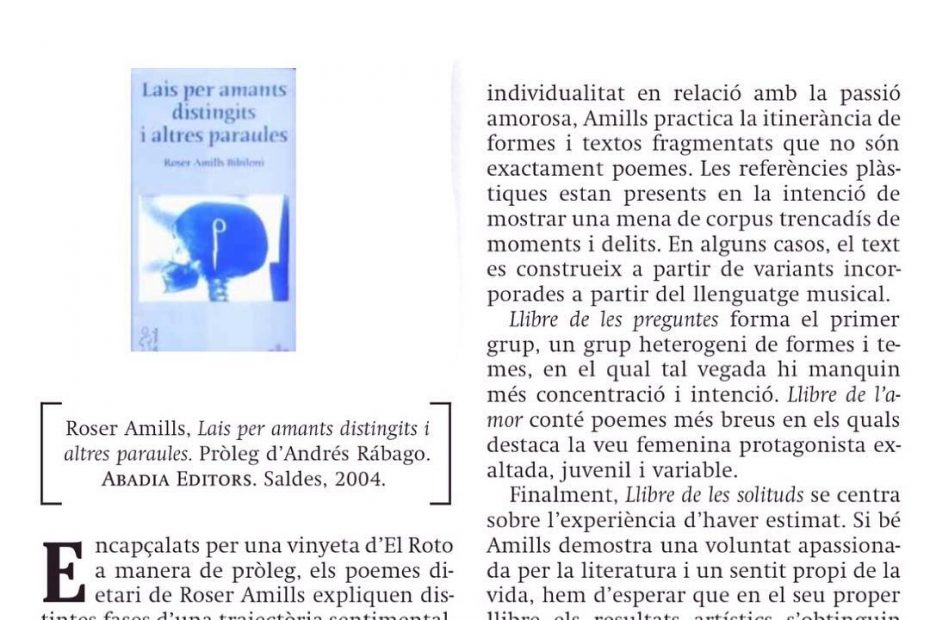 ressenya del poemari lais per amants distingits de roser amills