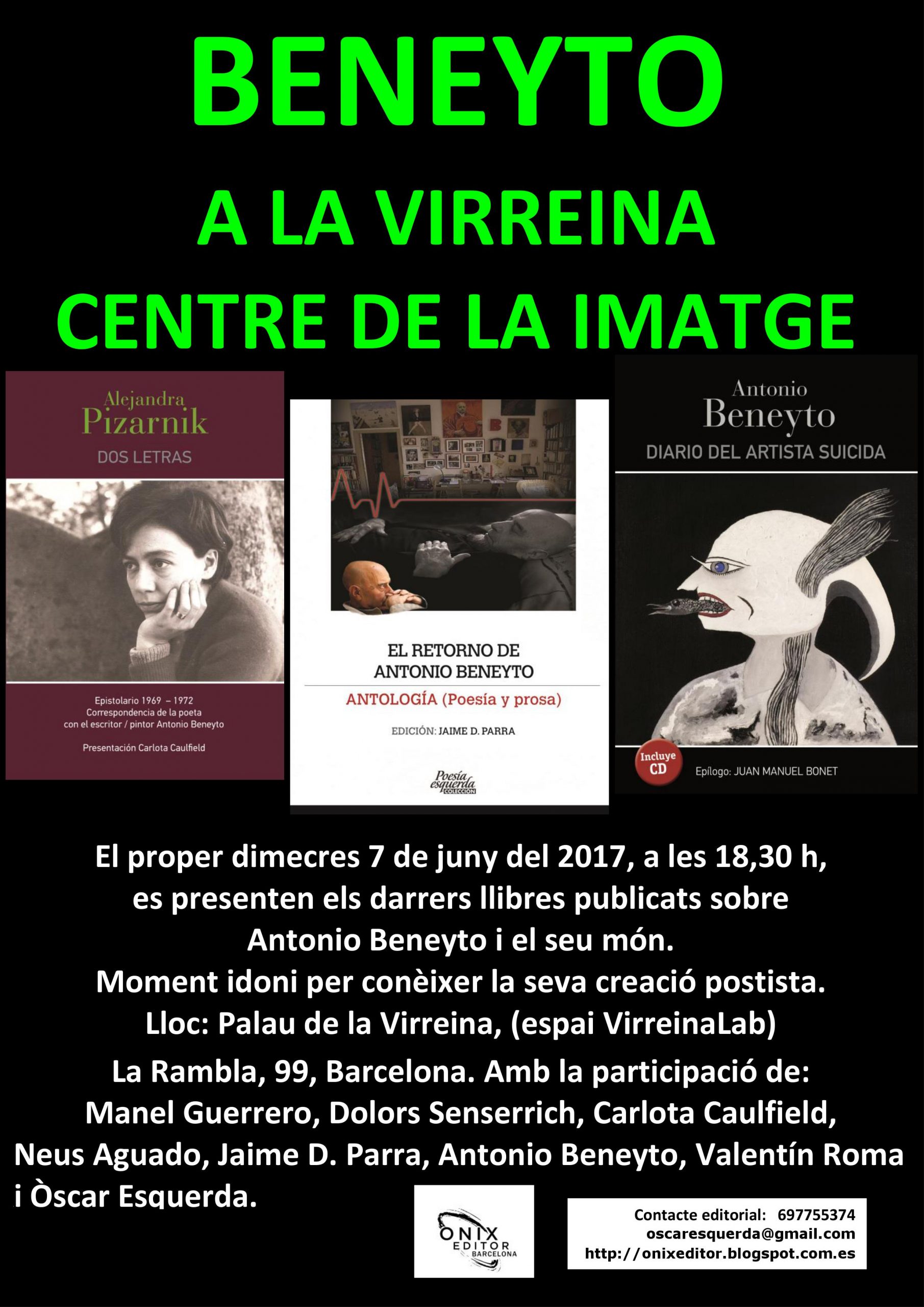 Cartel: Beneyto a La Virreina Centre de la Imatge, presentación de tres libros el 7 de junio de 2017
