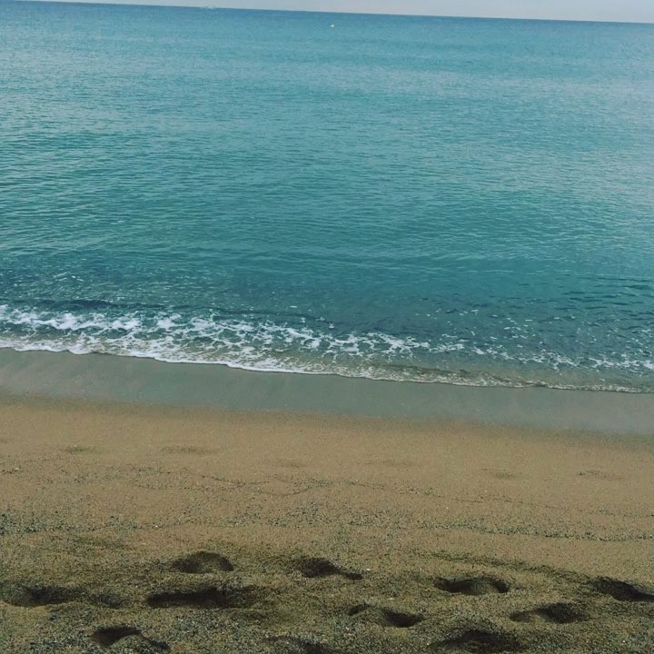 Orilla de una playa con el mar en calma y huellas en la arena