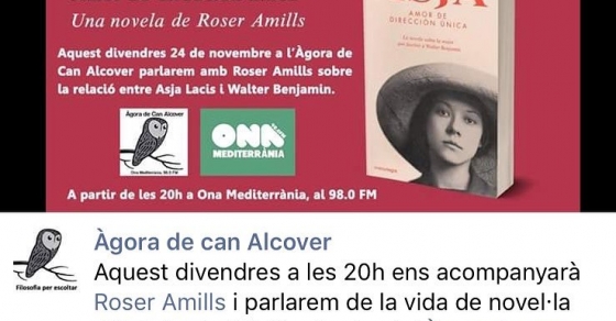 Aquest divendres seré a @onamediterrania per parlar d’#asjalacis & #walterbenjamin - Roser Amills, escritora mallorquina