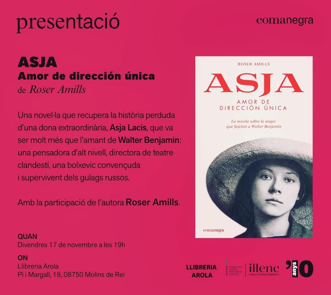 Divendres seré a #MolinsdeRei Ens trobem a la llibreria Arola .. amb Asja Lacis a les 19h