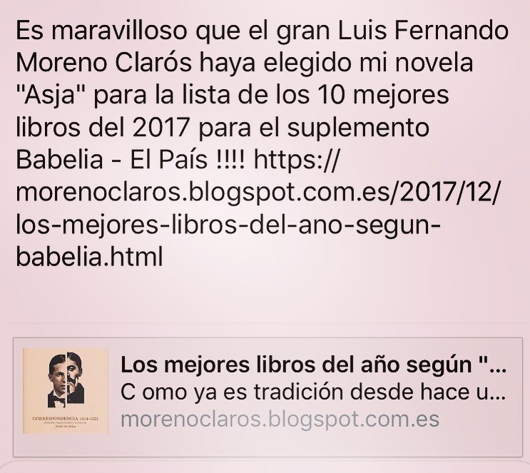 Pellizcadme, que estoy flotandoooo!!! Es maravilloso que el gran Luis Fernando Moreno Clarós haya elegido mi novela “Asja” (editorial Comanegra, octubre 2017) para la lista de los 10 mejores libros del 2017 para el suplemento Babelia – El País !!!! @el_pais