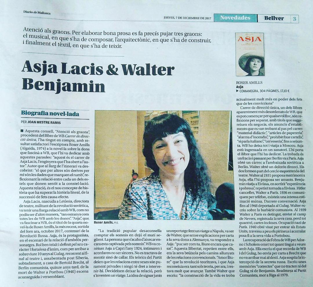 roser amills en el suplemento Bellver de diario de mallorca, reseña de su novela sobre asja lacis y walter benjamin